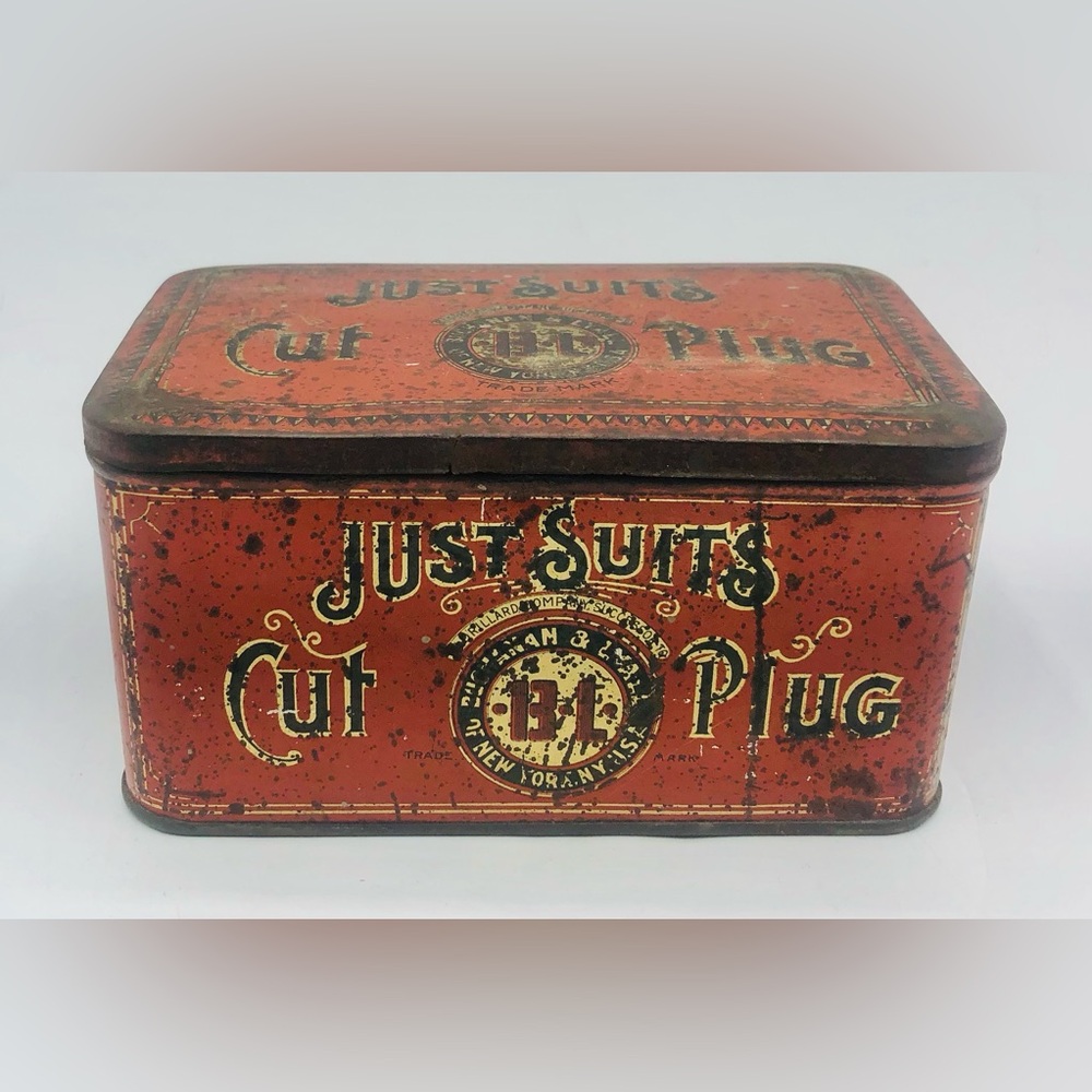 Antique 1910 Just Suits Cut Plug Tin Can BL Buchanan & Lyall Tobacco NY Empty